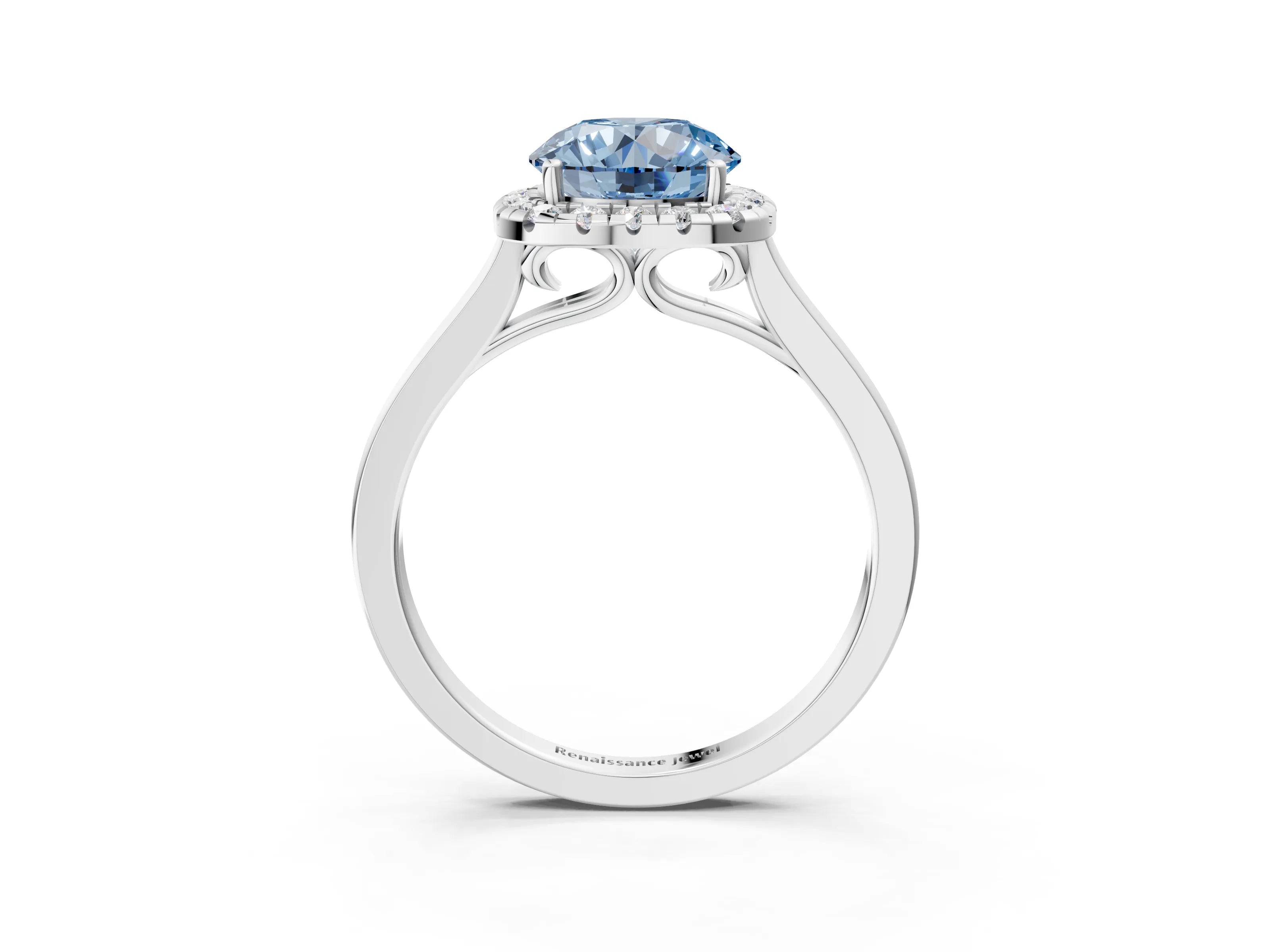 Silver Fancy Blue Round Cut Halo Round Diamond Solitaire Ring with Pavé Band and Four-Prong Setting_29