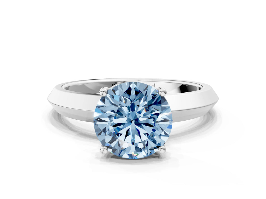 Silver Fancy Blue Round  Cut Solitaire Engagement Ring with Flat Band and Four-Prong Setting 1