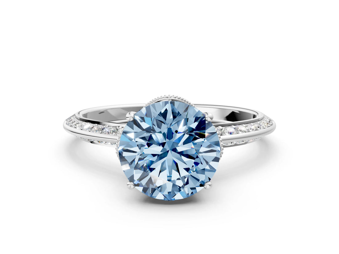Silver Fancy Blue Round Cut Solitaire Split Shank Pave Diamond Engagement Ring with Four-Prong Setting_42