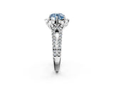 Silver Fancy Blue Round  Halo Diamond Floral Split Shank Engagement Ring 3