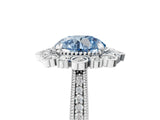 Silver Fancy Blue Round  Halo Milgrain Pave Diamond Ring with Four-Prong Setting