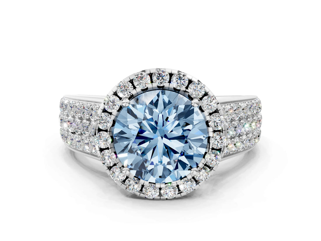 Silver Fancy Blue Round  Halo Round Diamond Pave Band with Prong Setting 1