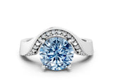 Silver Fancy Blue Round  Solitaire Diamond Engagement Ring with Pave Band and Four-Prong Setting 1