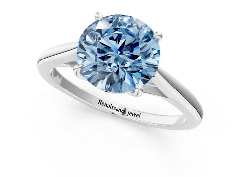 Silver Fancy Blue Round  Solitaire Engagement Ring with Four-Prong Setting and Classic Band 3