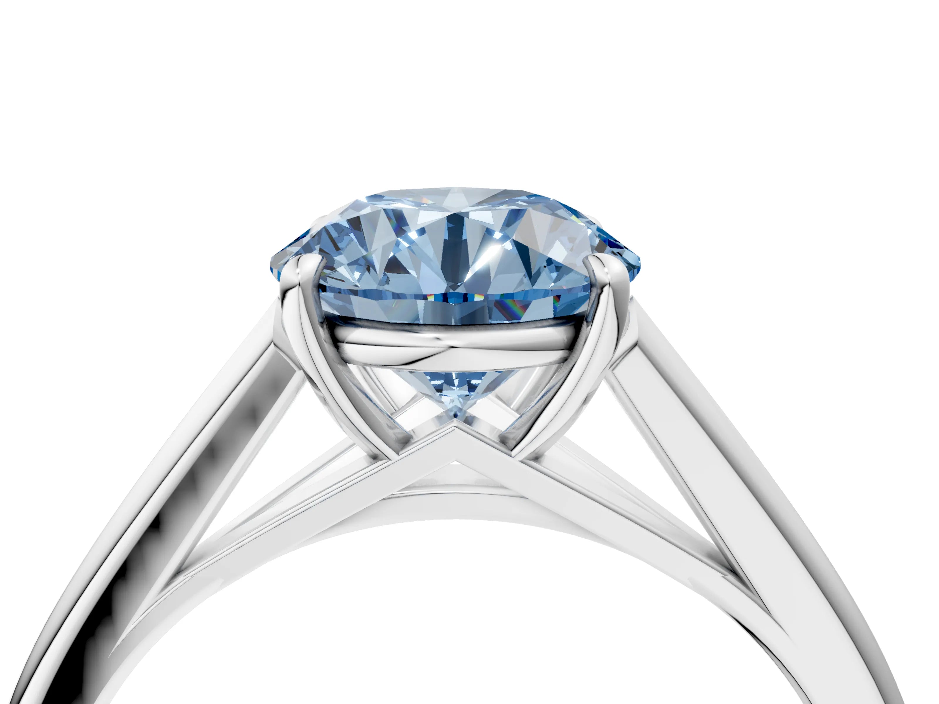 Silver Fancy Blue Round  Solitaire Engagement Ring with Four-Prong Setting and Classic Band
