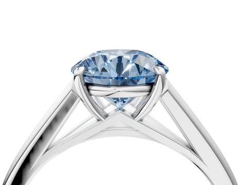 Silver Fancy Blue Round  Solitaire Engagement Ring with Four-Prong Setting and Classic Band