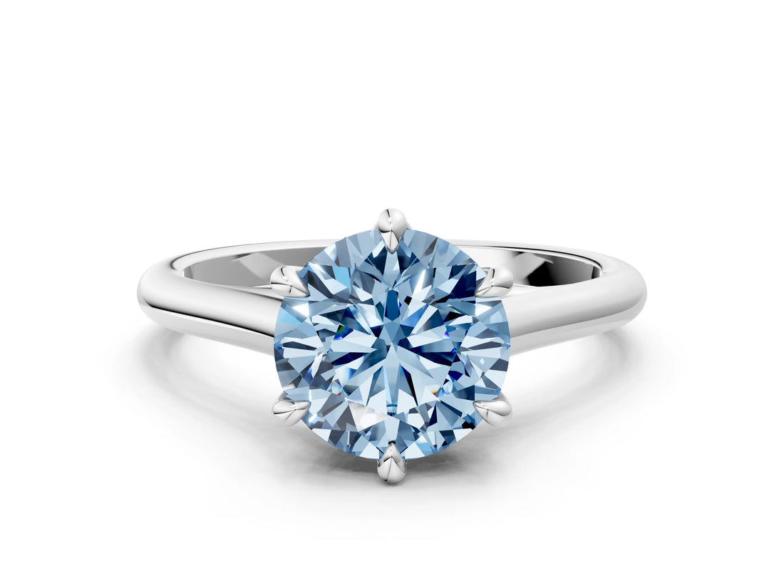 Silver Fancy Blue Round  Solitaire Engagement Ring with Six-Prong Setting and Classic Band