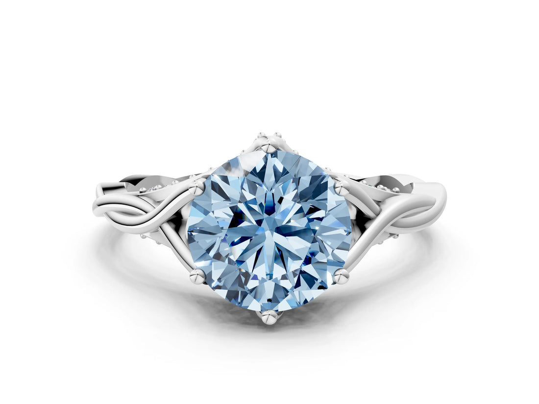 Silver Fancy Blue Round  Solitaire Twist Band Six-Prong Setting 1
