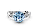 Silver Fancy Blue Round  Solitaire Twist Band with Leaf Prong Setting