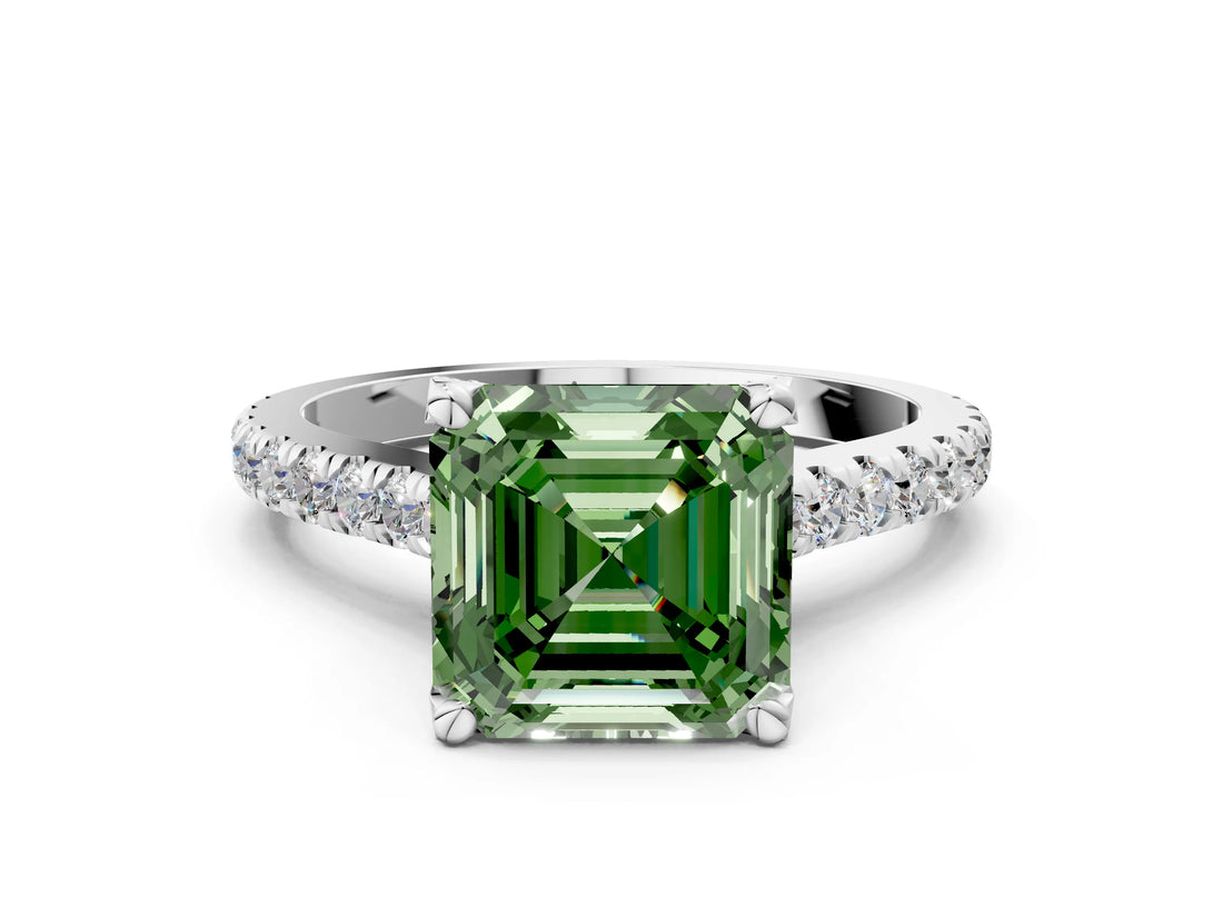 Silver Fancy Green Asscher  Brilliant Diamond Solitaire with Pavé Band and Four-Prong Setting