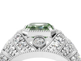 Silver Fancy Green Asscher Cut Brilliant Halo Pave Diamond Milgrain Ring_10