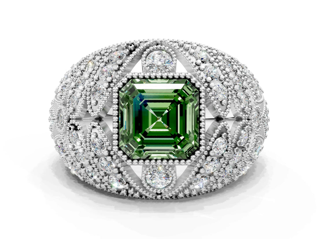 Silver Fancy Green Asscher Cut Brilliant Halo Pave Diamond Milgrain Ring_6