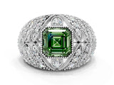 Silver Fancy Green Asscher Cut Brilliant Halo Pave Diamond Milgrain Ring_6