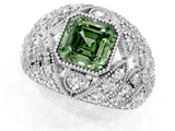 Silver Fancy Green Asscher Cut Brilliant Halo Pave Diamond Milgrain Ring_7