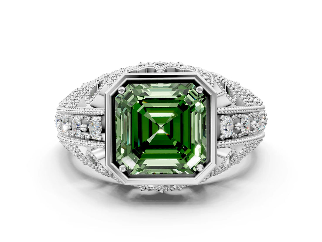 Silver Fancy Green Asscher Cut Brilliant Milgrain Filigree Diamond Ring with Square Prong Setting_12
