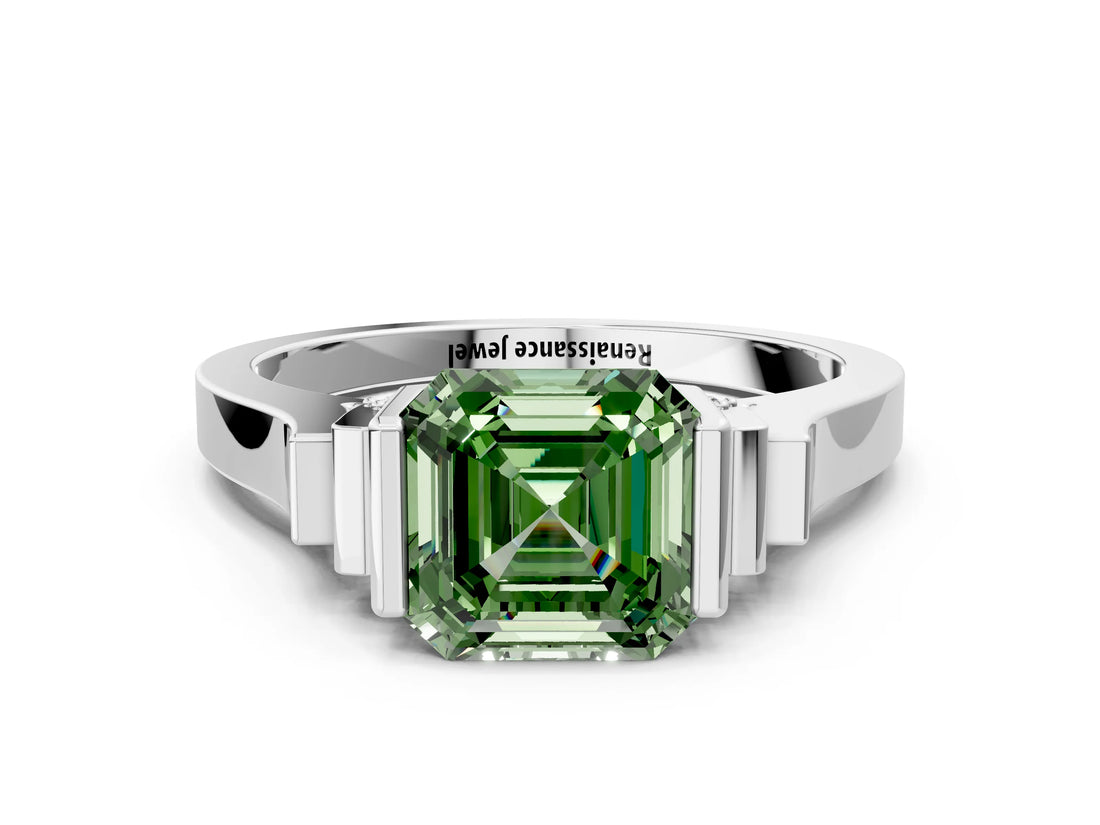 Silver Fancy Green Asscher Cut Brilliant Solitaire Diamond Ring with Channel Set Band and Bar Prong Setting_6