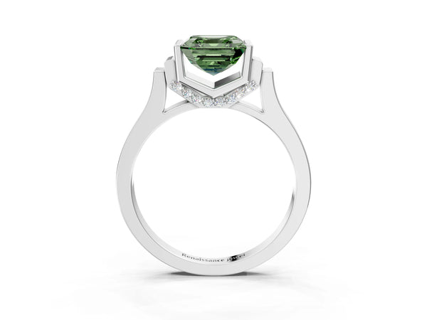 Silver Fancy Green Asscher Cut Brilliant Solitaire Diamond Ring with Channel Set Band and Bar Prong Setting