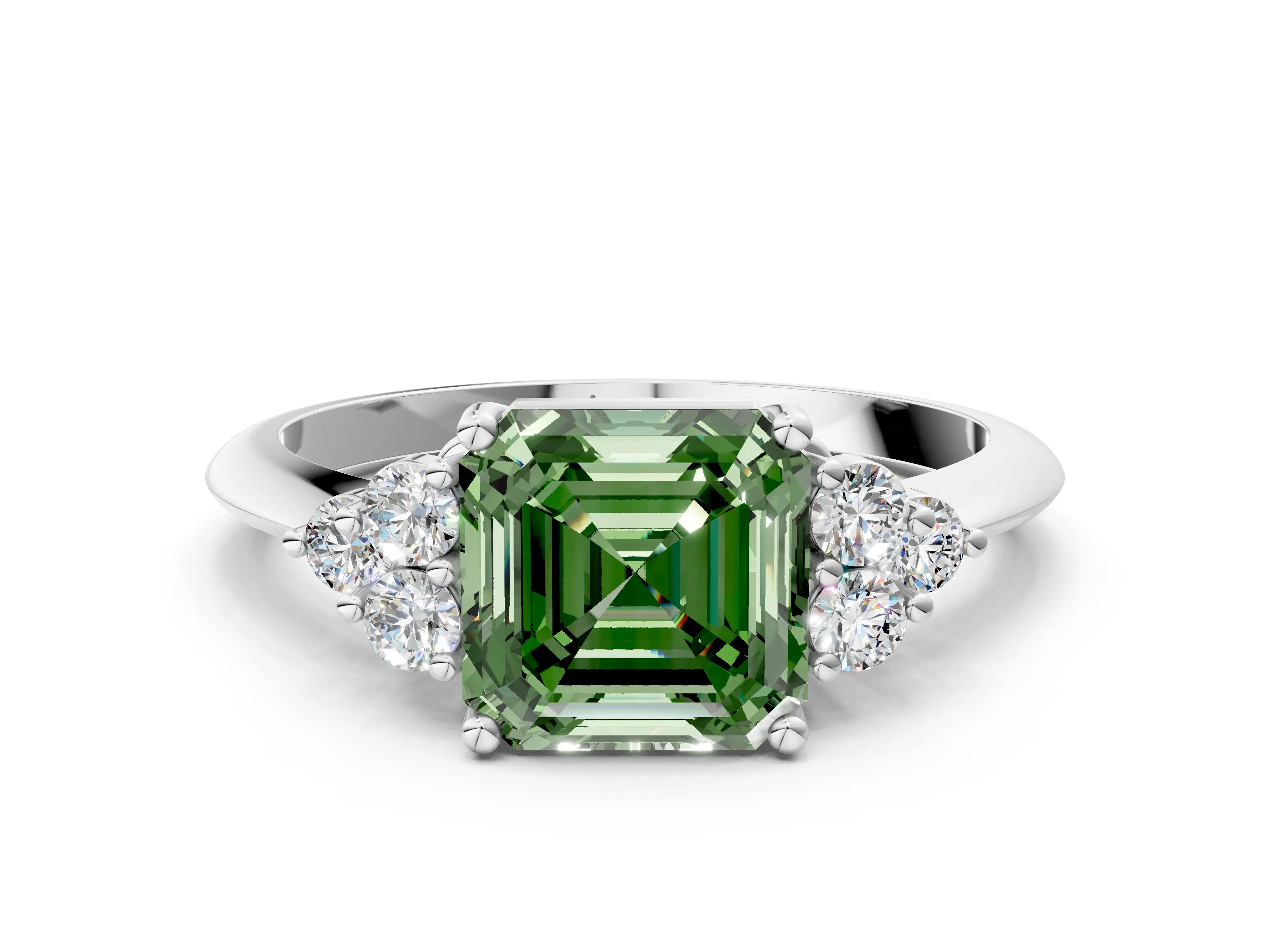 Silver Fancy Green Asscher Cut Cut Diamond Cluster Ring with Solitaire Band and Four-Prong Setting_24