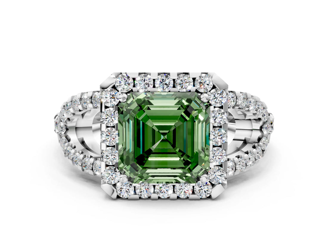 Silver Fancy Green Asscher Cut Cut Diamond Halo Engagement Ring with Open Split Pavé Band_6