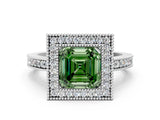 Silver Fancy Green Asscher Cut-Cut Diamond Halo Engagement Ring with Pave Band and Prong Setting_12