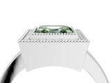 Silver Fancy Green Asscher Cut-Cut Diamond Halo Engagement Ring with Pave Band and Prong Setting_16