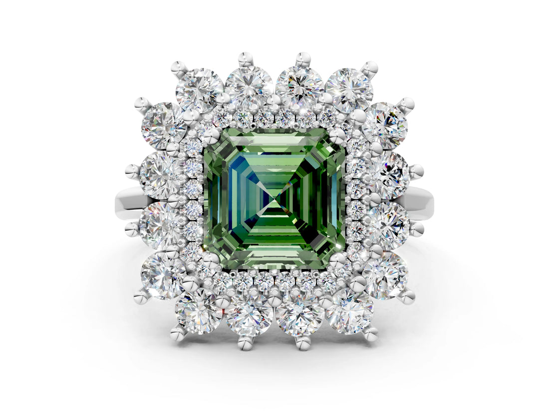 Silver Fancy Green Asscher Cut Diamond Floral Double Halo Engagement Ring with Prong Setting_12
