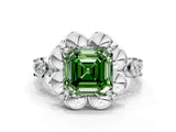 Silver Fancy Green Asscher  Cut Diamond Floral Halo Engagement Ring with Shared Prong Setting