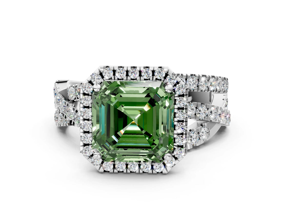 Silver Fancy Green Asscher Cut Diamond Halo Ring with Round Split Shank and Prong Setting