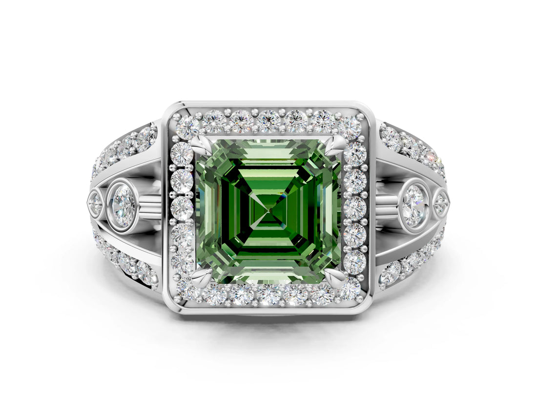 Silver Fancy Green Asscher Cut Diamond Halo Ring with Split Shank and Bezel Accents and Four-Prong Setting_6
