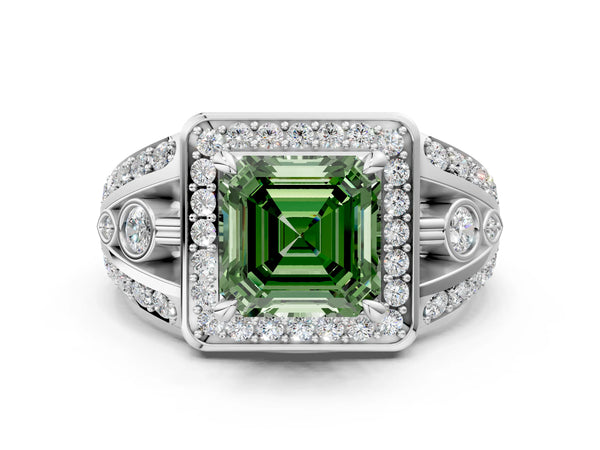 Sterling Silver Asscher Cut Hidden Halo Split Shank Engagement Ring Setting for Fancy Green Center