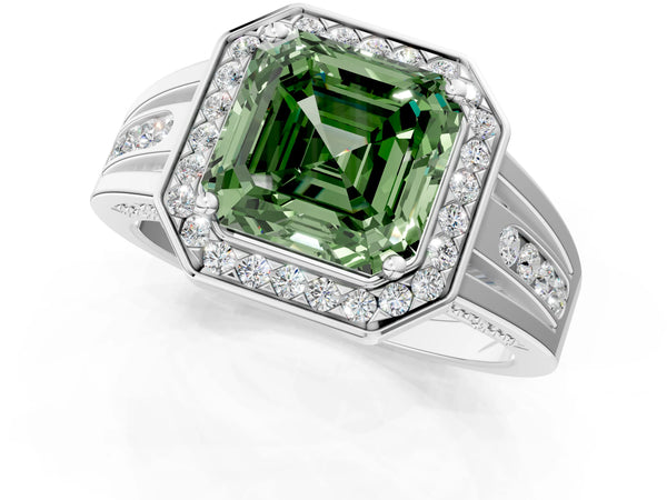 Sterling Silver Asscher Cut Channel Set Halo Engagement Ring Setting for Fancy Green Center