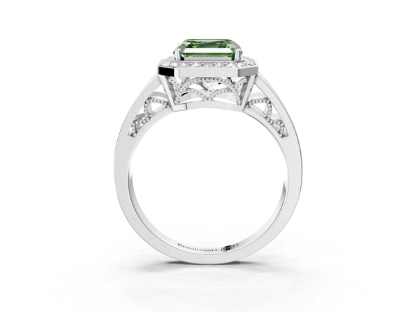 Sterling Silver Asscher Cut Channel Set Halo Engagement Ring Setting for Fancy Green Center