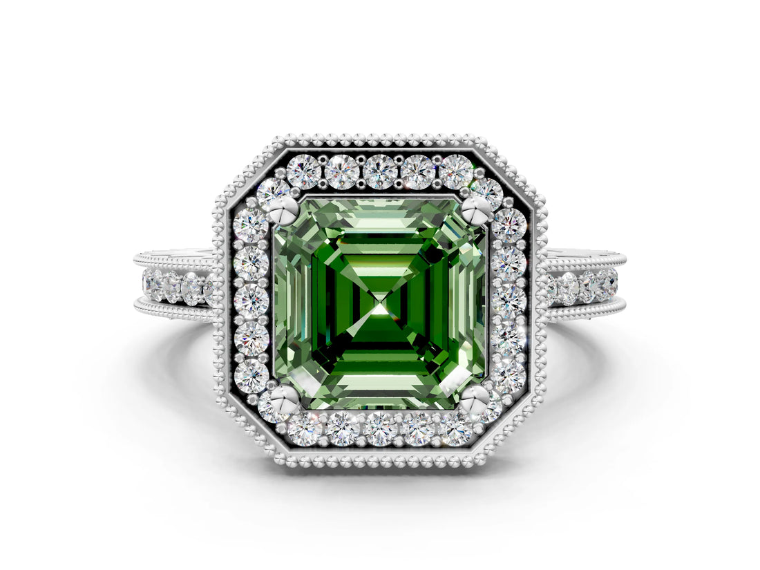 Silver Fancy Green Asscher Cut Diamond Milgrain Halo Engagement Ring with Round Pavé Band and Prong Setting_12