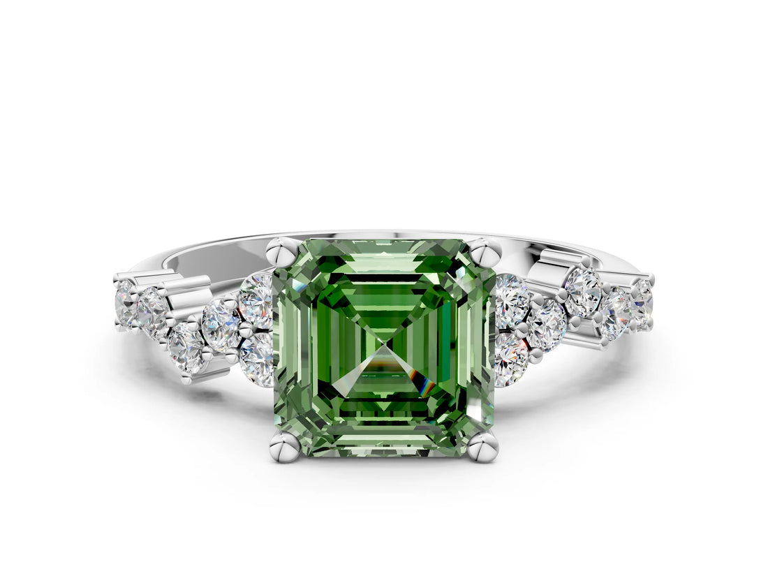Silver Fancy Green Asscher Cut Diamond Scattered Round Accent Ring with Prong Setting