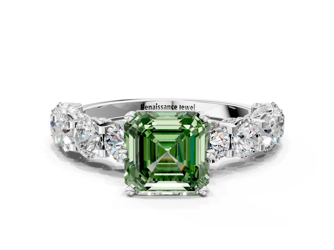 Silver Fancy Green Asscher Cut Diamond Side Stone Engagement Ring with Four-Prong Setting