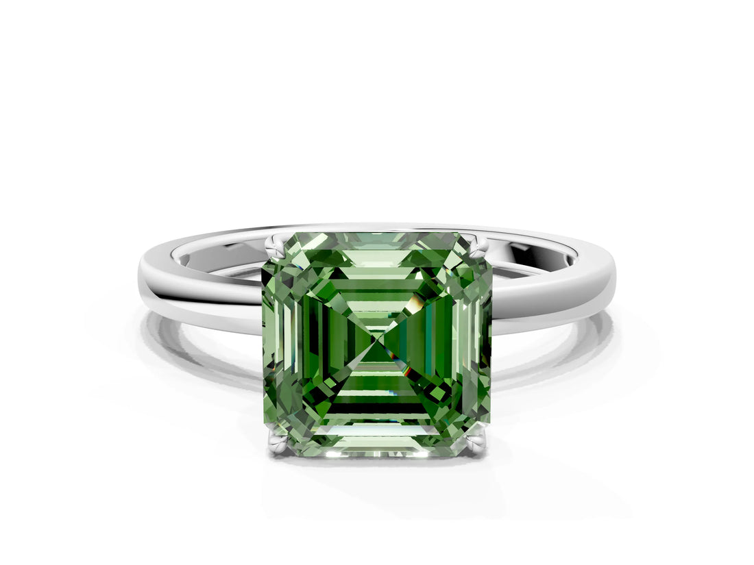 Silver Fancy Green Asscher Cut Diamond Solitaire Ring with Thin Band and Prong Setting