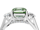 Silver Fancy Green Asscher Cut Diamond Three-Stone Engagement Ring with Prong Setting and Pavé Band_10