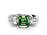 Silver Fancy Green Asscher Cut Diamond Three-Stone Engagement Ring with Prong Setting and Pavé Band_6