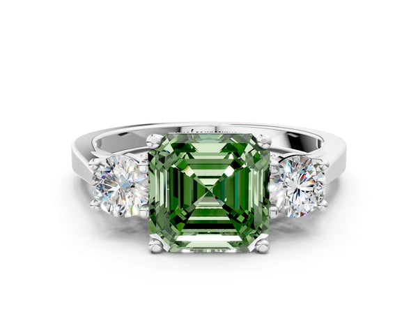Silver Fancy Green Asscher Cut Diamond Three-Stone Engagement Ring with Prong Setting and Pavé Band