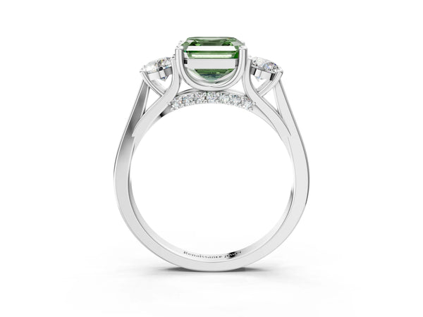 Silver Fancy Green Asscher Cut Diamond Three-Stone Engagement Ring with Prong Setting and Pavé Band