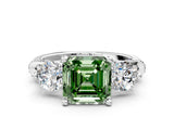 Silver Fancy Green Asscher Cut Diamond Three-Stone Ring with Prong Setting and Pavé Band_6