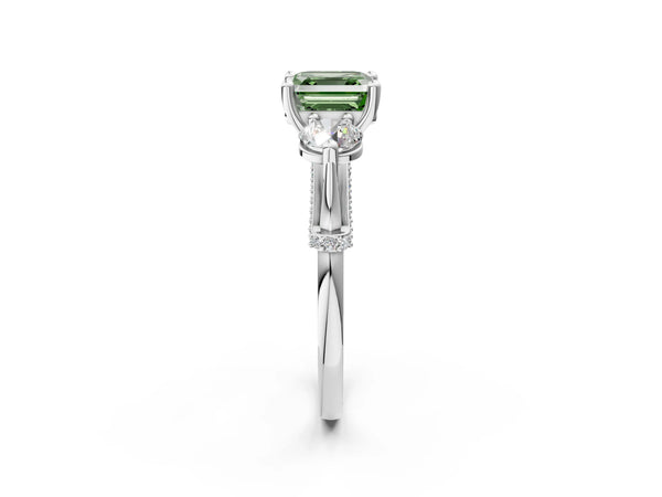 Sterling Silver Asscher Cut Curved Pave Three Stone Engagement Ring Setting for Fancy Green Center