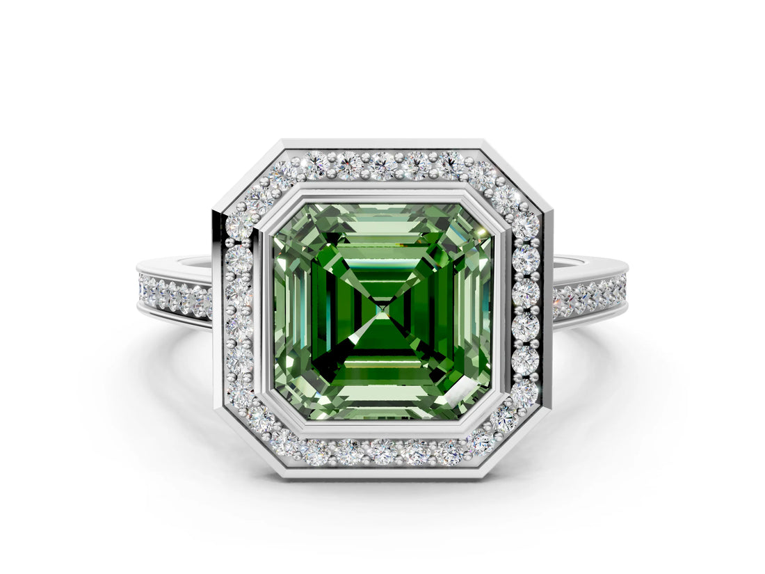Silver Fancy Green Asscher Cut Halo Bezel Diamond Pave Band Ring_6