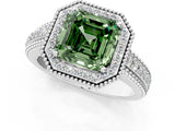 Silver Fancy Green Asscher Cut Halo Diamond Ring with Beaded Split Shank and Four-Prong Setting_7
