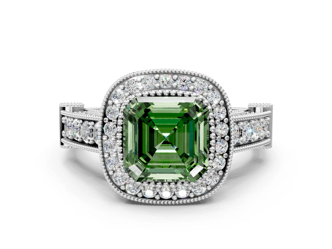 Silver Fancy Green Asscher Cut Halo Diamond Split Shank Pave Ring_6
