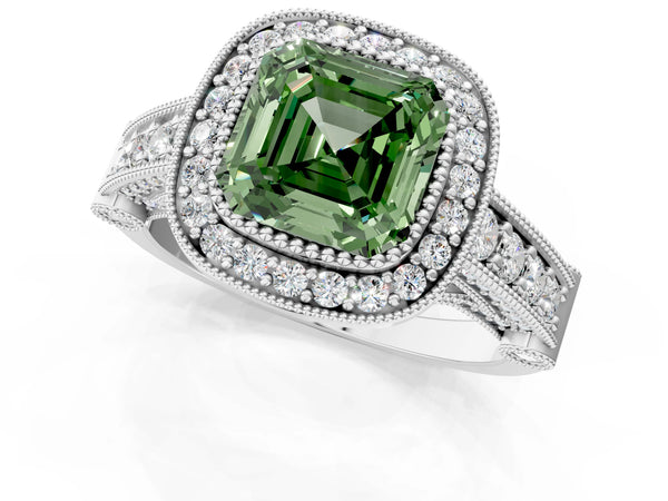 Sterling Silver Asscher Cut Vintage Bezel Halo Engagement Ring Setting for Fancy Green Center