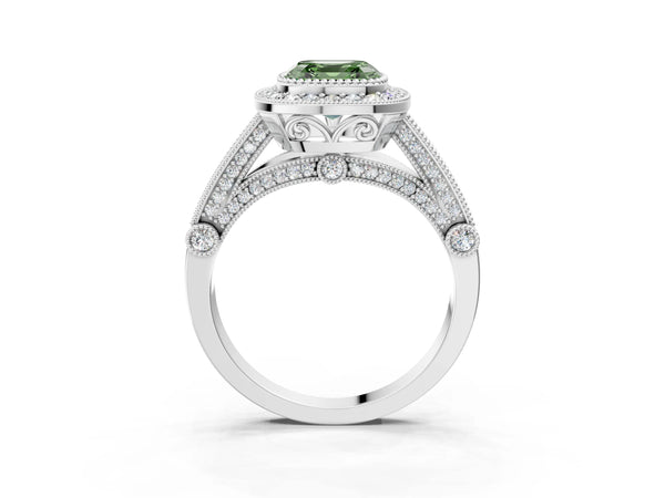 Sterling Silver Asscher Cut Vintage Bezel Halo Engagement Ring Setting for Fancy Green Center