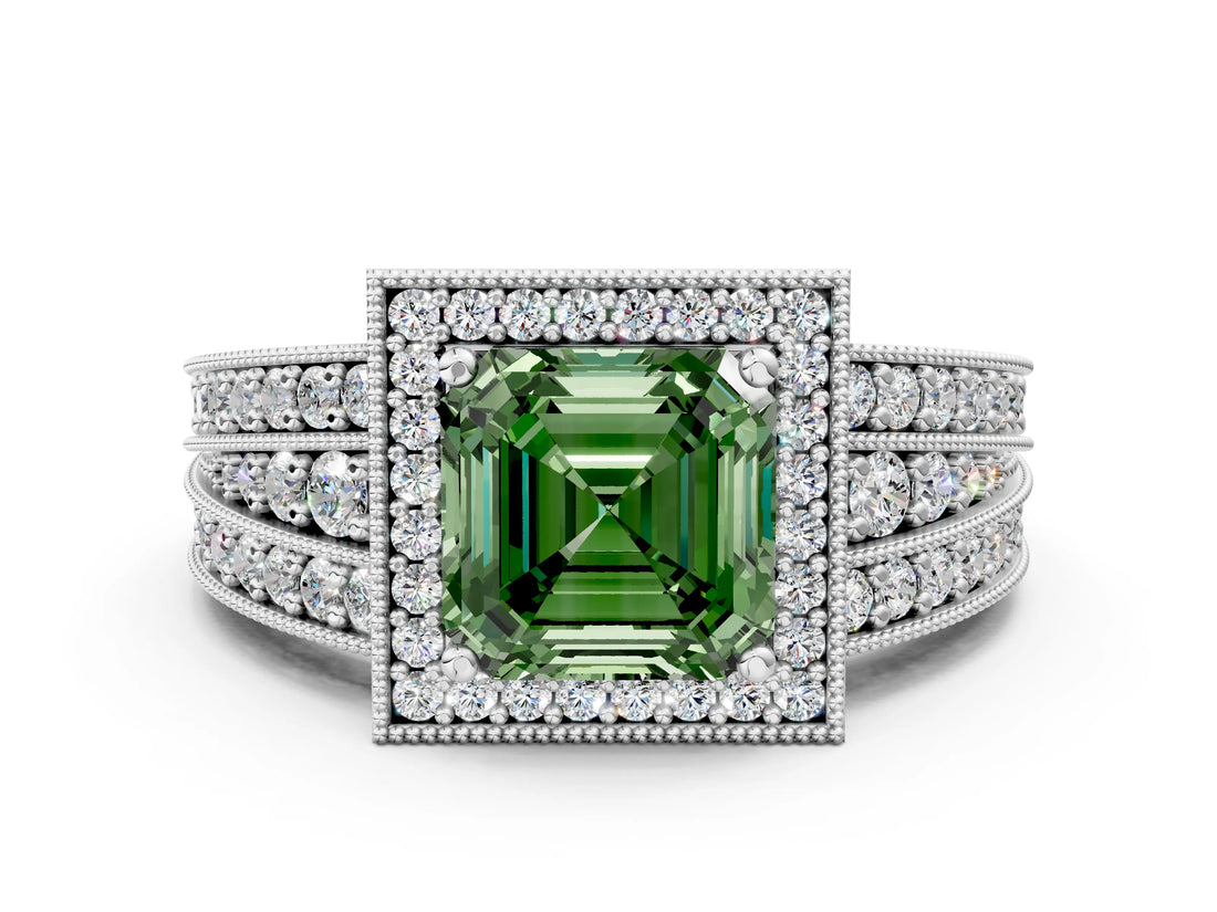 Silver Fancy Green Asscher Cut Halo Diamond Split Shank Ring with Prong Setting_6