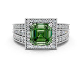 Silver Fancy Green Asscher Cut Halo Diamond Split Shank Ring with Prong Setting_6