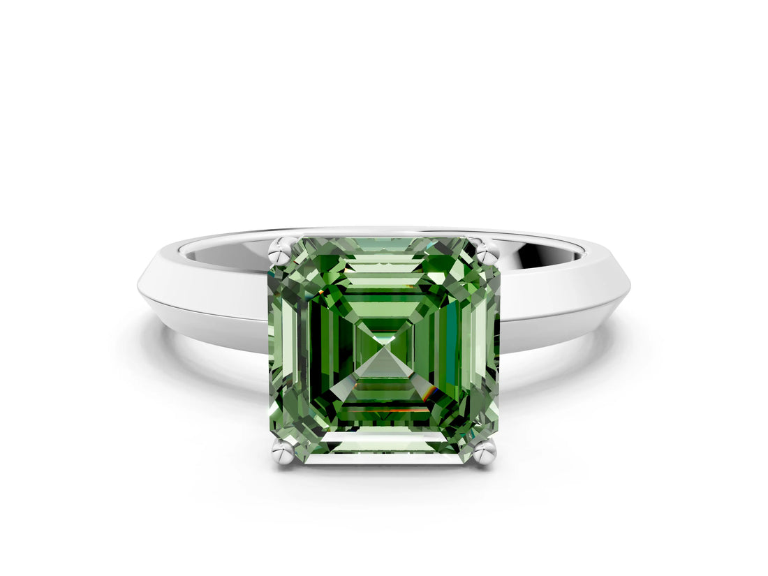 Silver Fancy Green Asscher  Cut Solitaire Engagement Ring with Flat Band and Four-Prong Setting